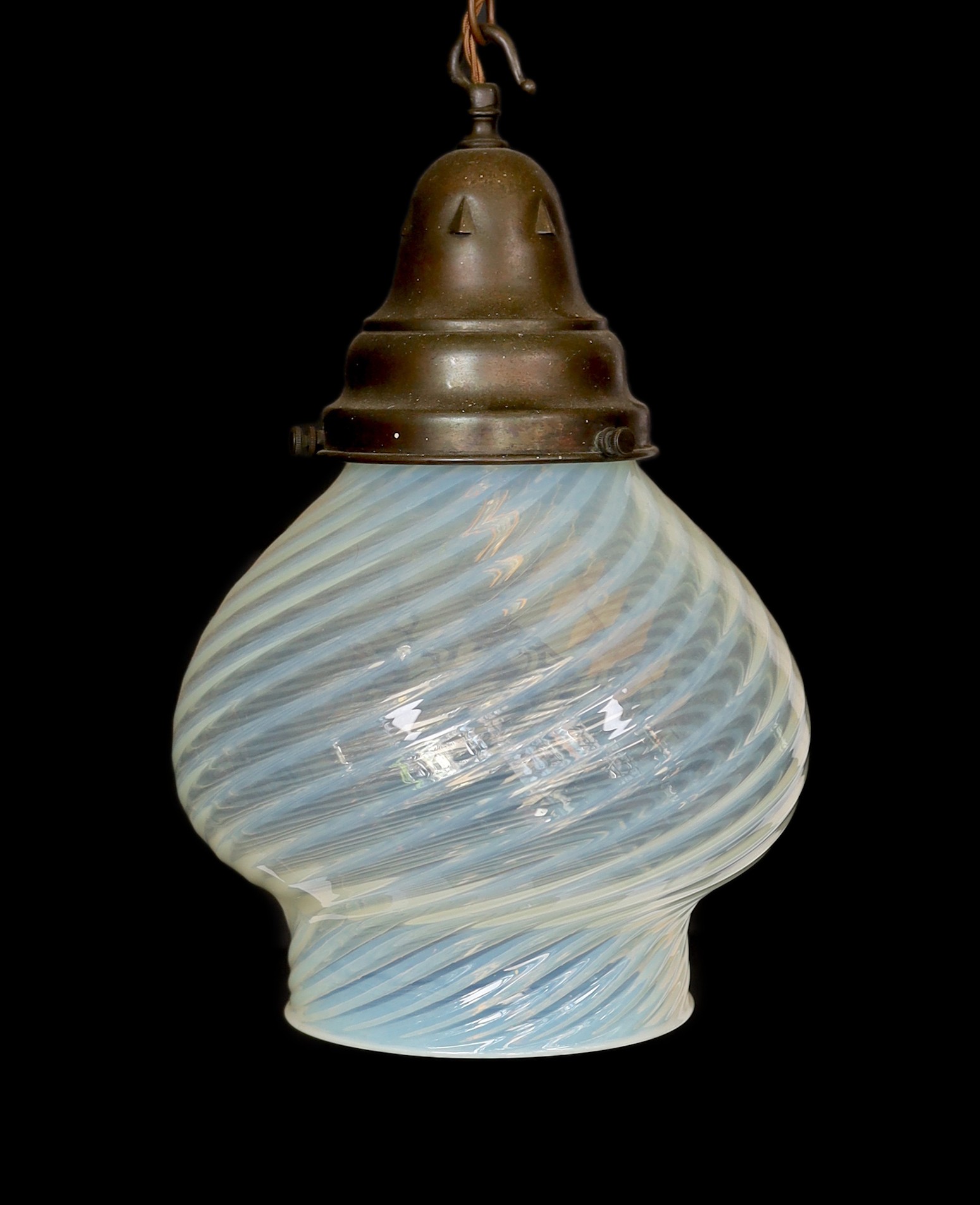 An early 20th century English bronze mounted Vaseline glass light fitting, height 40cm